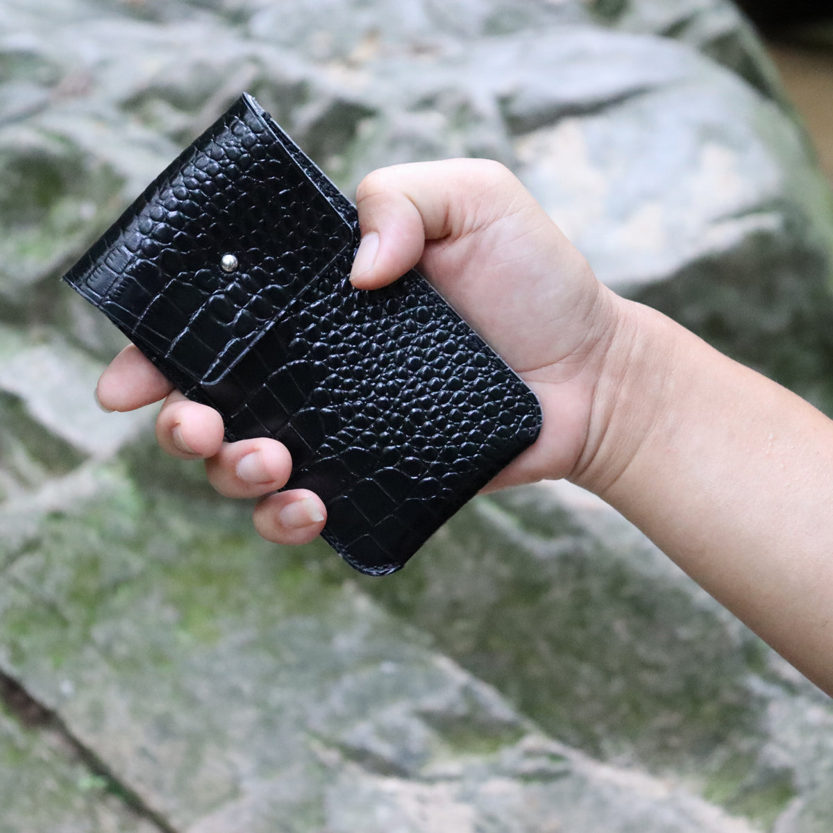 CSLRN Black Crocodile-Embossed Full-Grain Leather Watch Pouch | Handcrafted, Custom Logo Interior