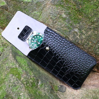 CSLRN Black Crocodile-Embossed Full-Grain Leather Watch Pouch | Handcrafted, Custom Logo Interior
