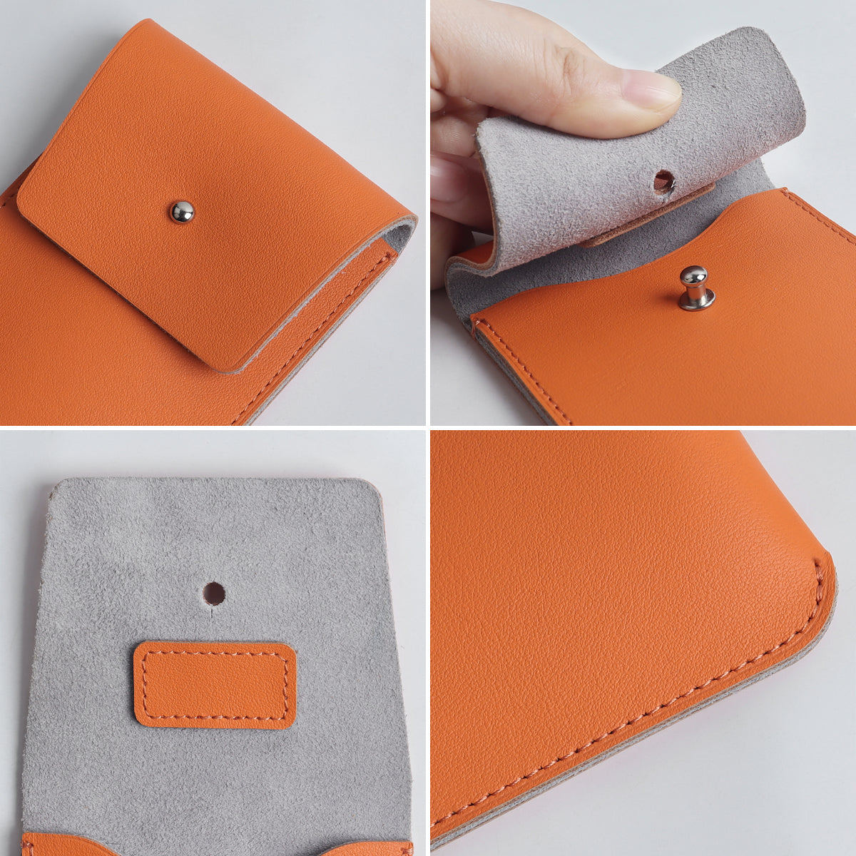 A four-panel macro detail collage of the handmade orange leather watch case. Images showcase close-ups of the textured faux leather grain, the heavy-duty silver stud closure being opened by hand, the precise cut-out hole on the inner grey lining, and the immaculate fine-thread edge stitching that ensures long-lasting durability.