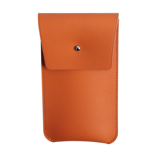 A premium pebble-grain orange leather single watch pouch shown fully closed from the front. The minimalist travel case features a secure silver metallic snap button fastener, neat tonal perimeter stitching, and a clean rectangular silhouette against a crisp white background. Perfect for luxury luxury timepiece protection during business travel.